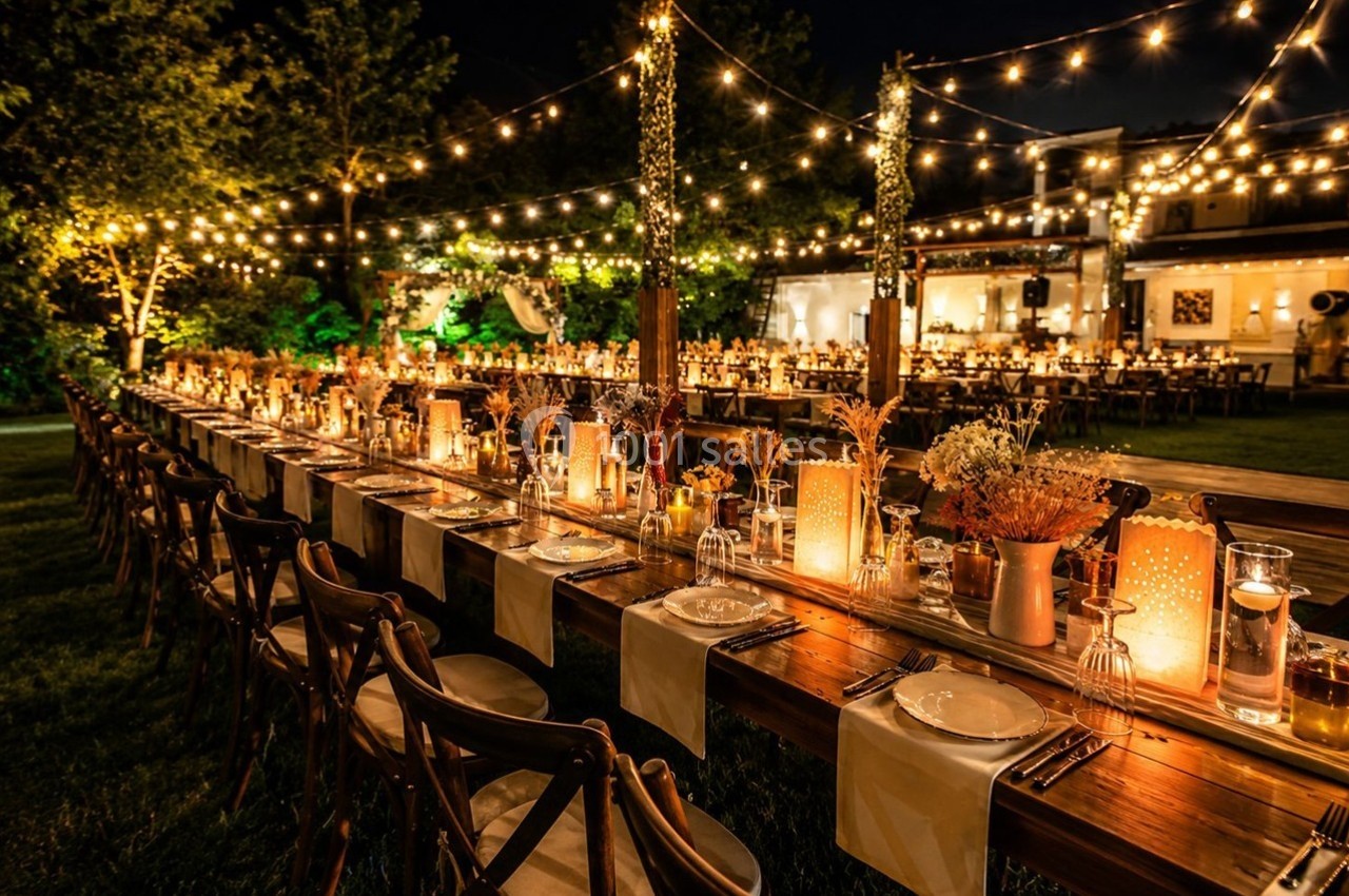 Grande table en bois décorée pour un dîner en extérieur, éclairée par des guirlandes lumineuses et des bougies.