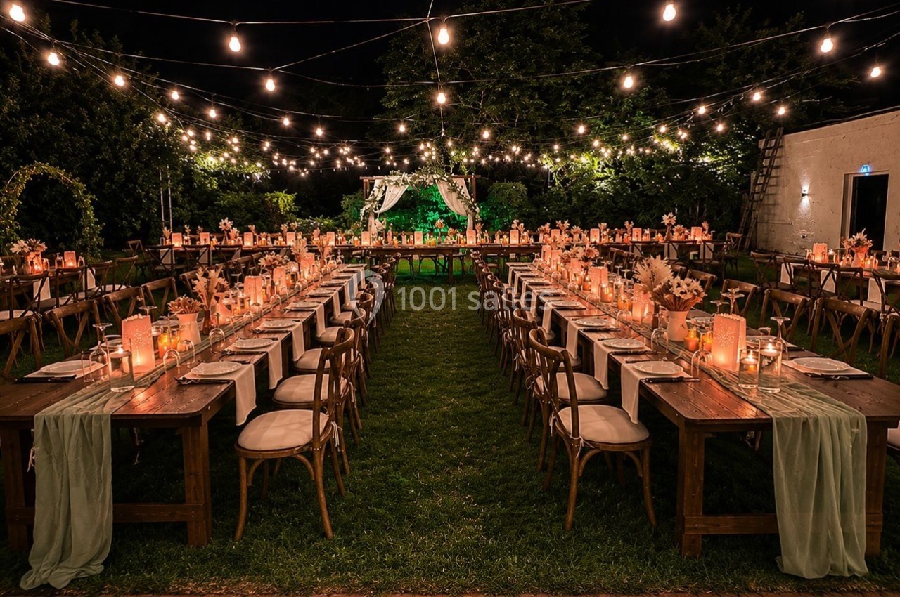Tables en bois décorées avec des bougies et des fleurs, disposées en extérieur sous des guirlandes lumineuses la nuit.
