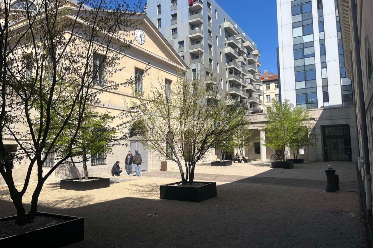Cour urbaine avec arbres en bacs, entourée de bâtiments modernes et anciens sous un ciel bleu.