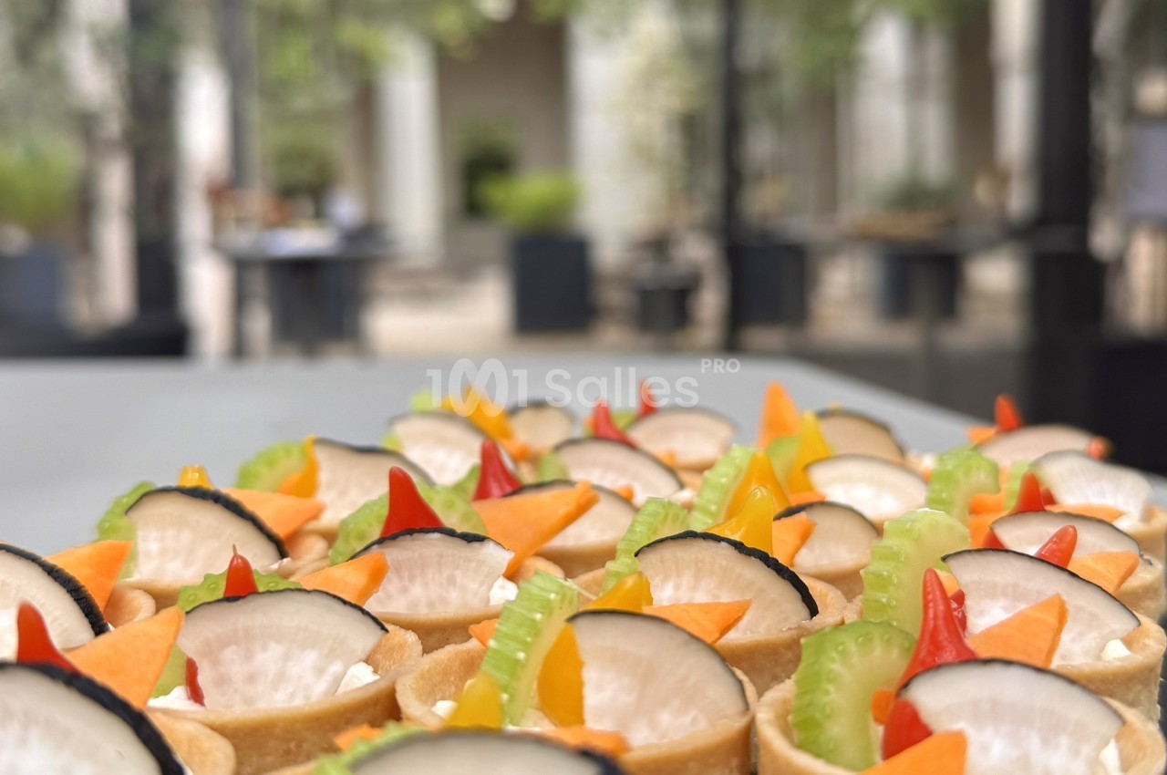 Assortiment de bouchées apéritives colorées garnies de légumes frais, disposées sur une table en extérieur.