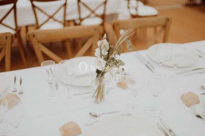 Miniature Location salle Thizy (Rhône) - Château de Laforest #11 Paysage rural avec une clôture en bois, des champs verdoyants, des arbres et un bâtiment en pierre sous un ciel…