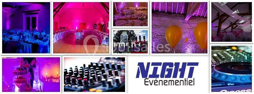 Montage d'images montrant des salles décorées, éclairages colorés, ballons et équipements de sonorisation pour événements.