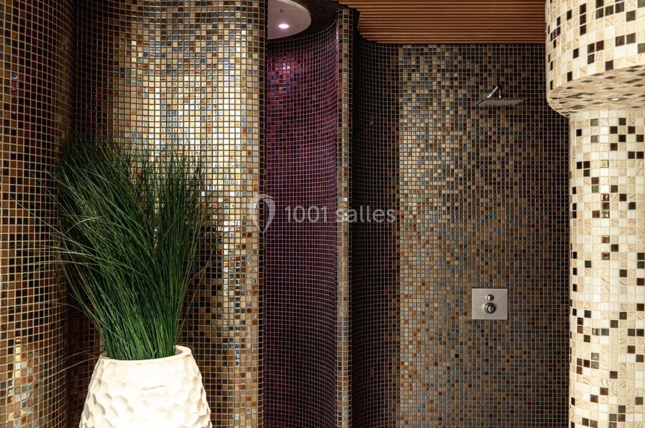 Mur en mosaïque brune avec une douche ouverte et un grand vase blanc contenant des plantes vertes.