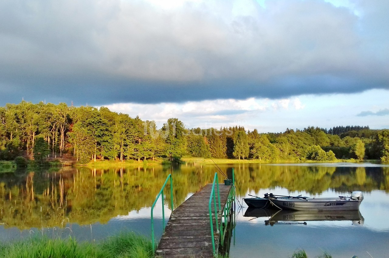Ponton en bois menant à une barque amarrée sur un lac entouré de forêt sous un ciel partiellement nuageux.