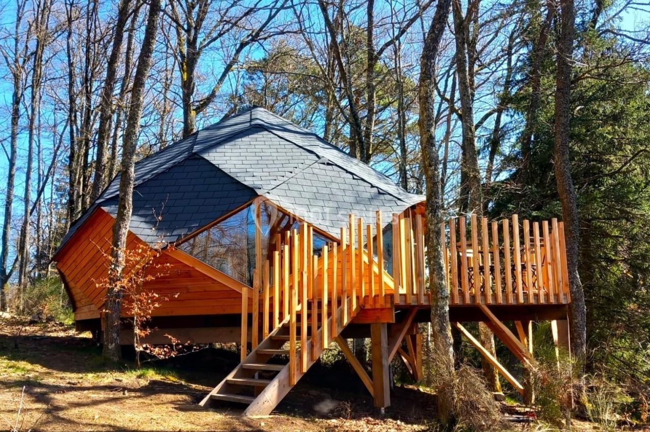 Cabane en bois sur pilotis avec toit en ardoise, entourée d'arbres dans une forêt ensoleillée.