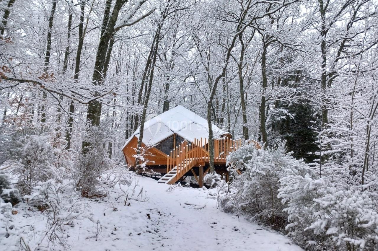 Cabane en bois hexagonale au milieu d'une forêt enneigée, entourée d'arbres aux branches couvertes de neige.