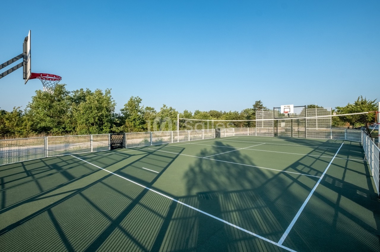 Terrain multisports extérieur avec panier de basket, clôturé, entouré d'arbres sous un ciel dégagé.