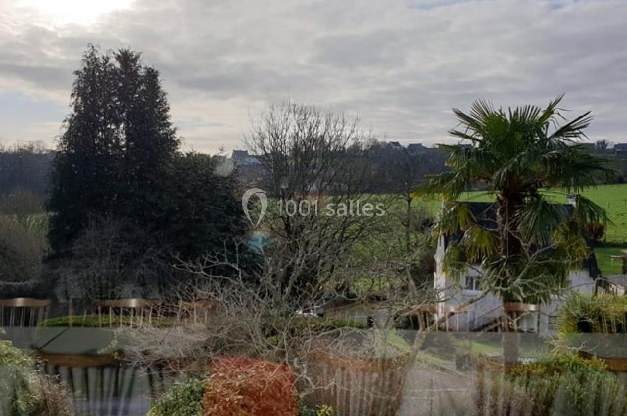 Vue sur un jardin avec des arbres, une maison blanche et un paysage de campagne sous un ciel nuageux.