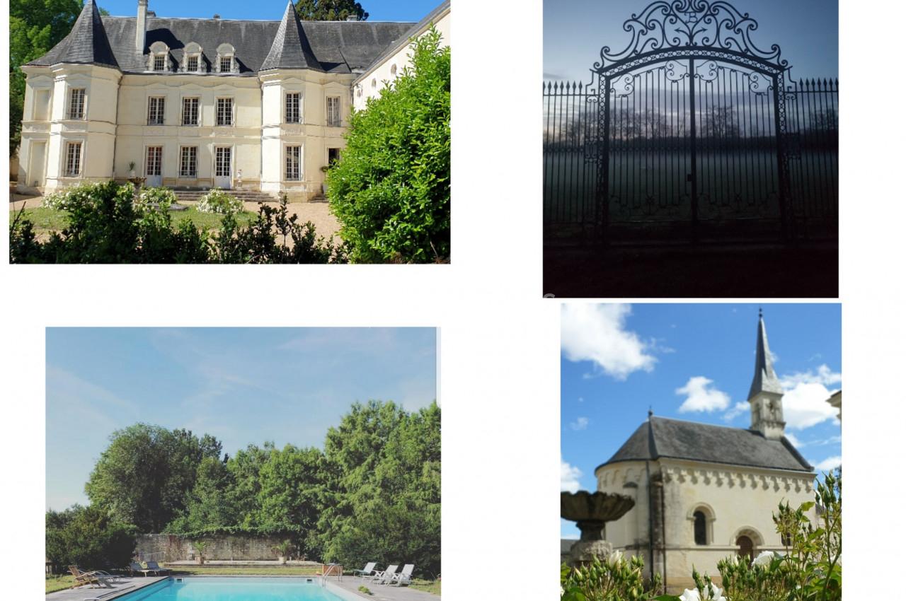 1. Façade d'un château entouré de verdure, avec des fenêtres et un toit en ardoise. 2. Portail en fer forgé orné de motifs…