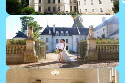 Image d'un château avec guirlandes lumineuses, un couple de mariés dans la cour et une salle de réception décorée.