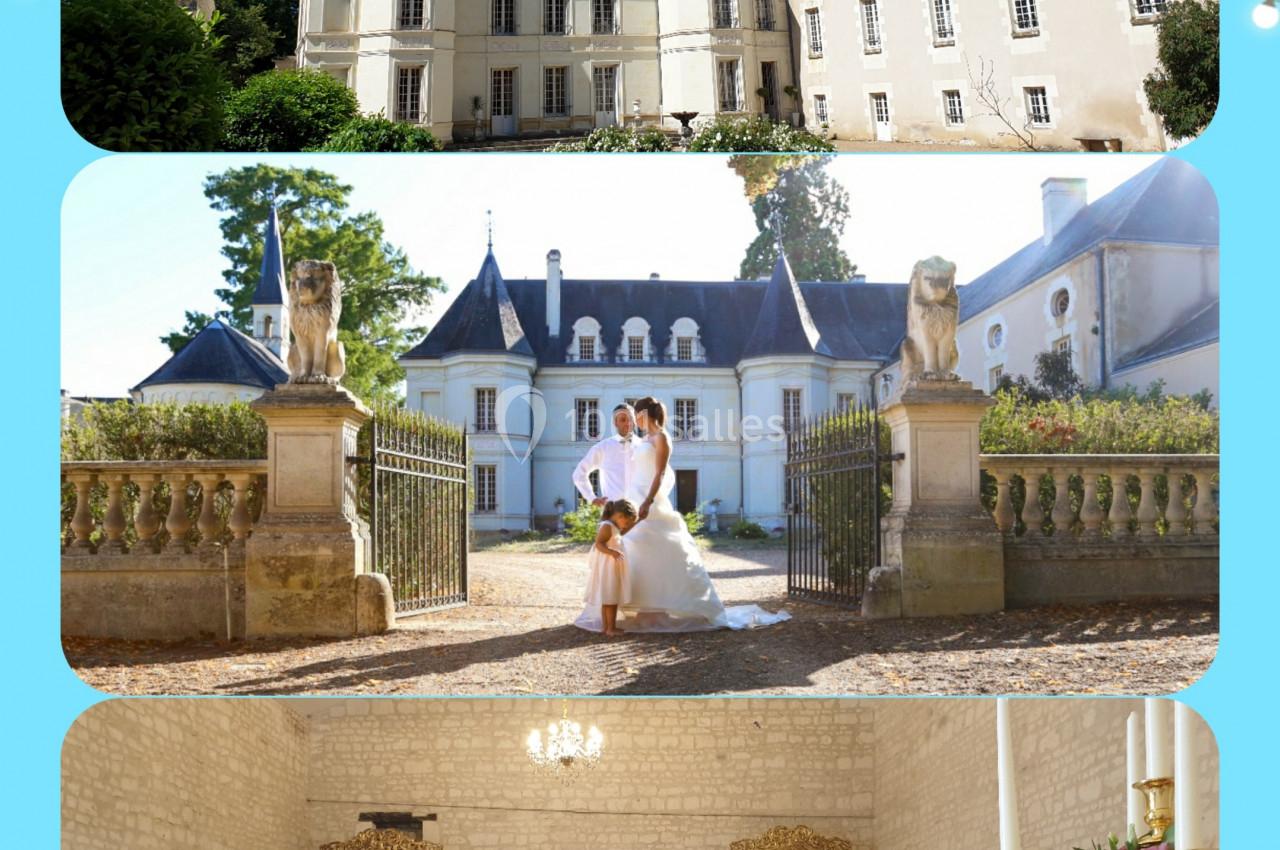 Image d'un château avec jardins, un couple de mariés devant une entrée, et une salle de réception élégamment décorée.