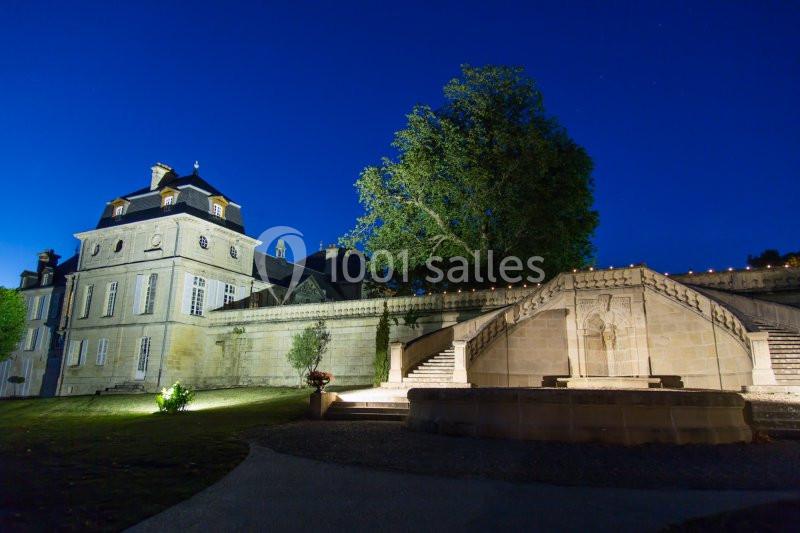 Château éclairé de nuit avec un grand arbre et des escaliers en pierre dans un jardin.