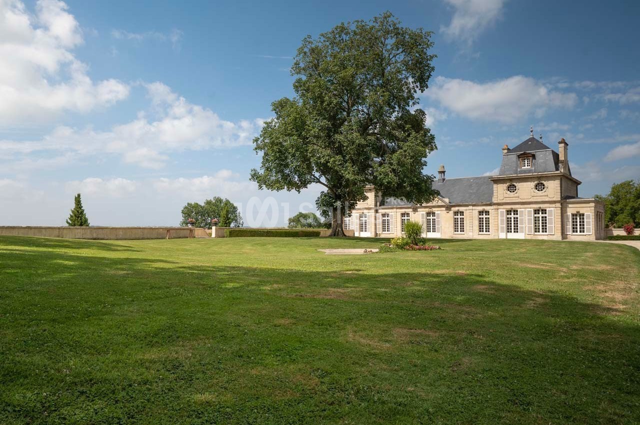 Grande maison en pierre avec toit mansardé, entourée d'une pelouse verdoyante et d'un grand arbre sous un ciel bleu.