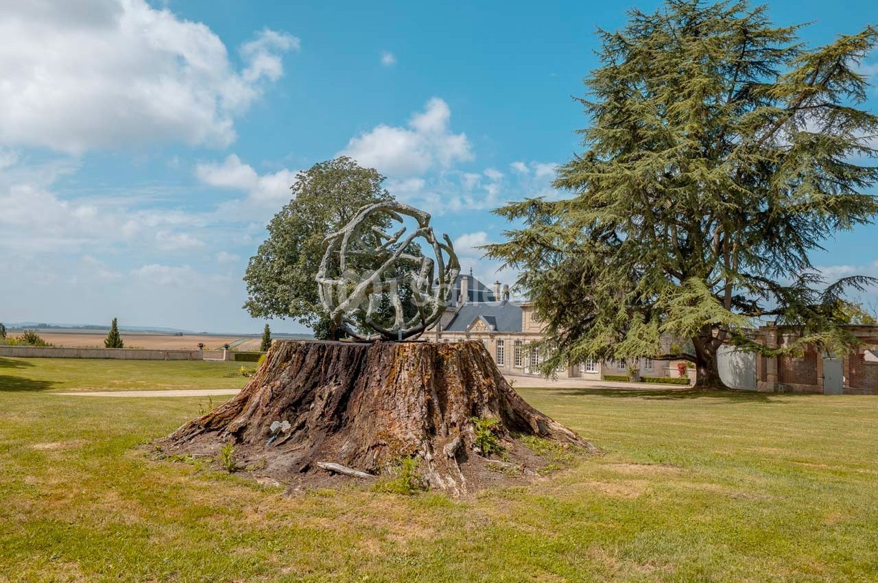 Sculpture métallique sur une souche d'arbre dans un parc, avec un bâtiment en arrière-plan et un ciel dégagé.