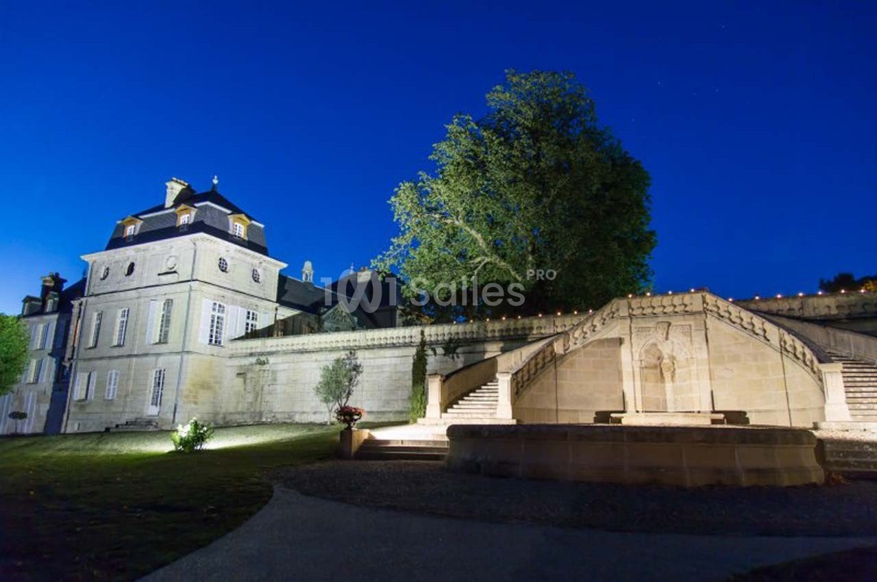 Façade éclairée d'un château historique avec un escalier en pierre et un grand arbre sous un ciel nocturne.