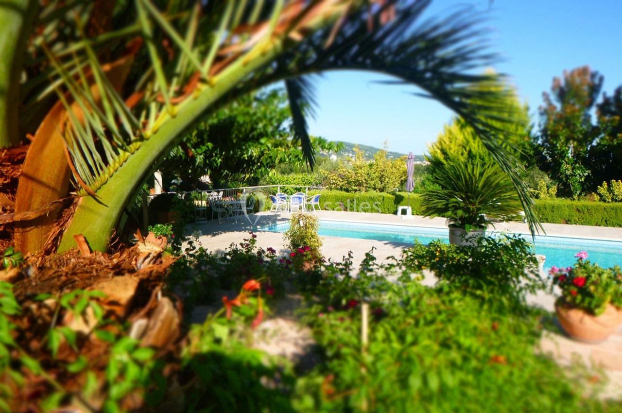 Vue d'une piscine entourée de végétation luxuriante et de mobilier de jardin sous un ciel dégagé.