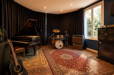 Salle sombre avec éclairage rouge et bleu, une estrade avec équipement audio et un tapis mural en arrière-plan.