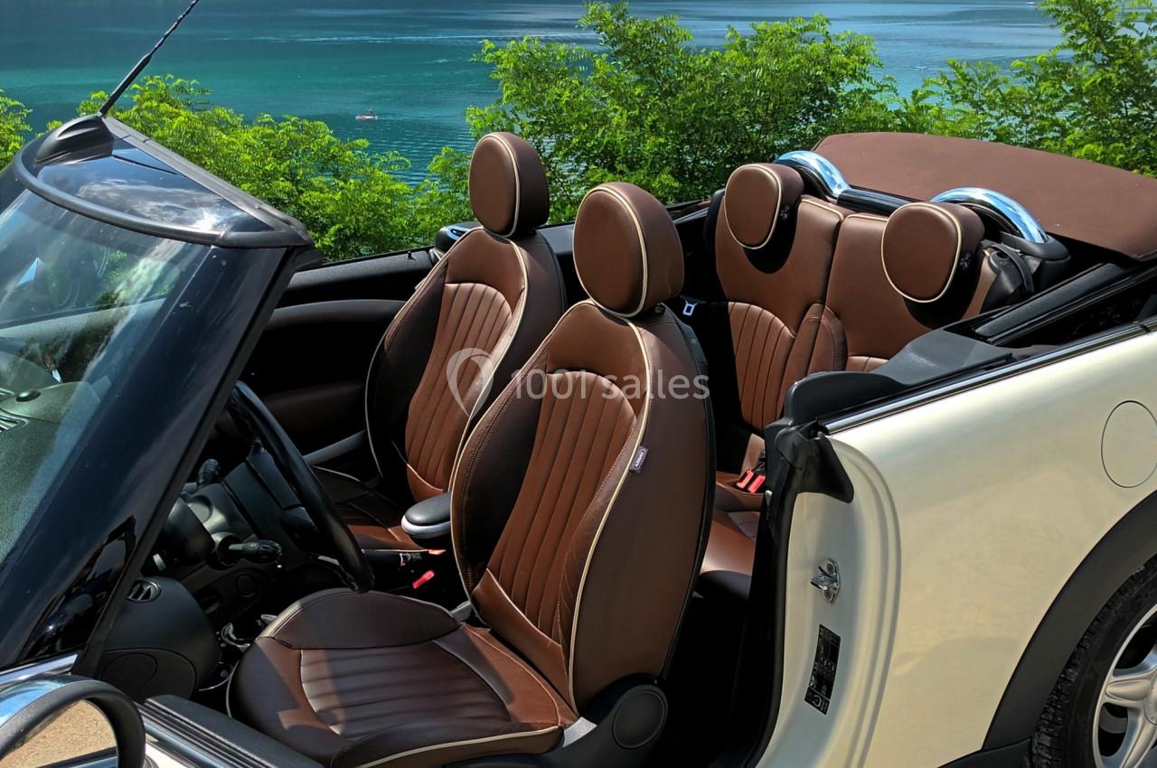 Photo David J. Location #17 Voiture décapotable blanche avec intérieur en cuir marron, stationnée près d'un lac entouré de verdure.