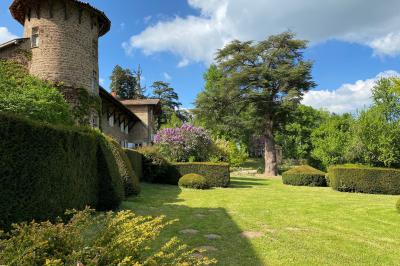 Salle de restaurant avec tables rondes dressées, nappes blanches, chaises en bois et éclairage tamisé.