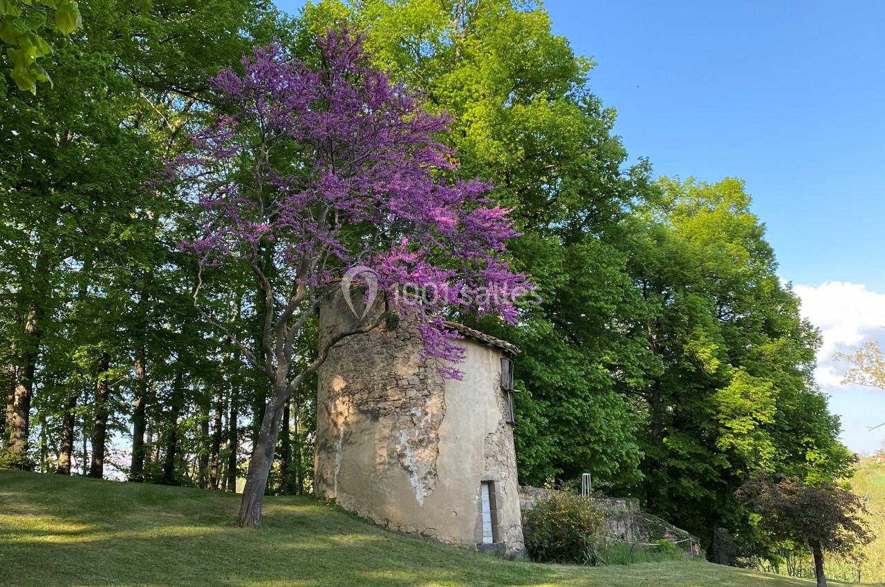Petit bâtiment en pierre entouré d'arbres, avec un arbre en fleurs roses au premier plan, sous un ciel dégagé.