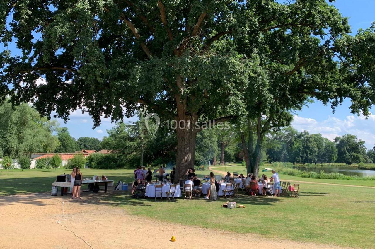 Location salle Cleppé (Loire) - L'Orangerie de Châtel #24 Groupe de personnes assises à l'ombre d'un grand arbre dans un parc, participant à une réunion ou un repas en plein air.