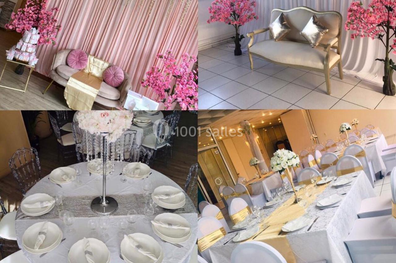 Décorations de salle avec tables dressées, chaises blanches, rideaux roses, fleurs et mobilier élégant.