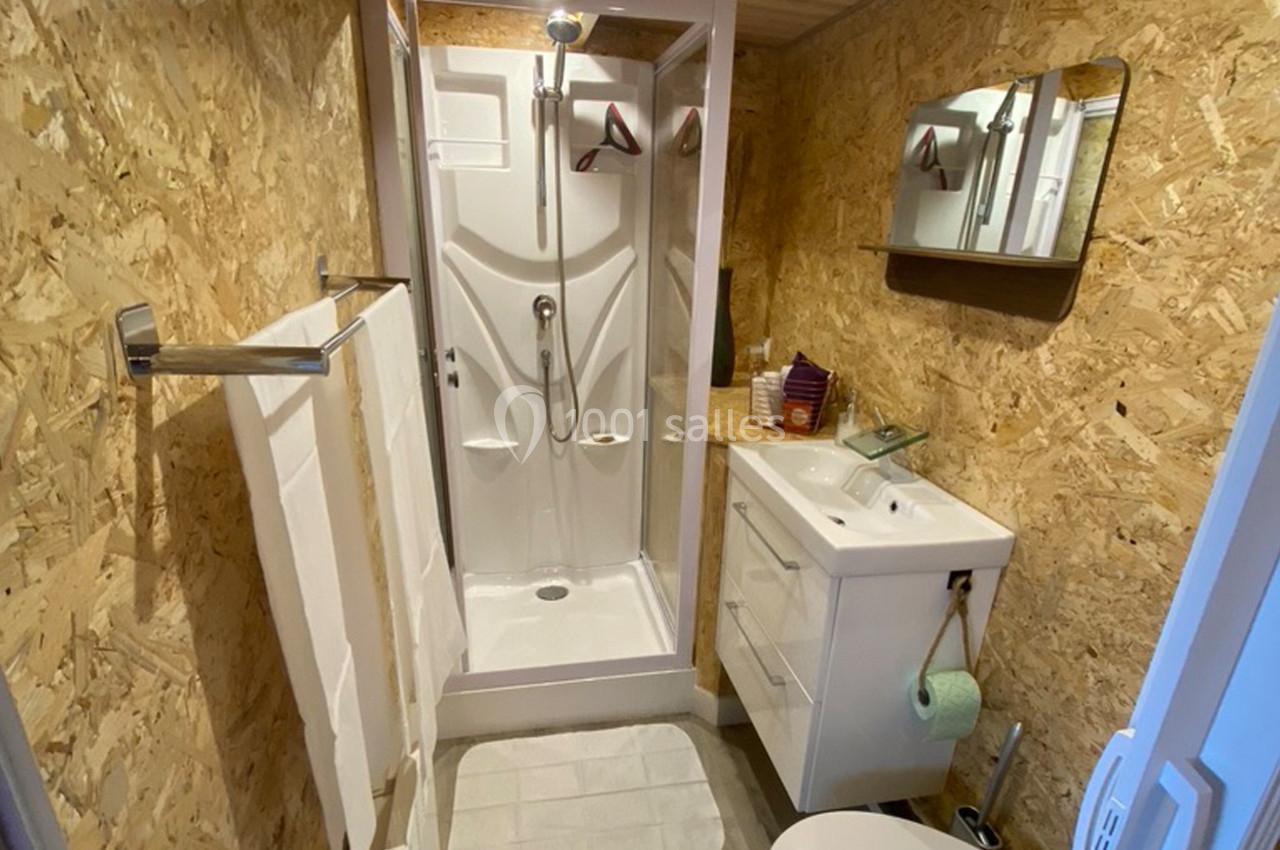 Salle de bain compacte avec cabine de douche, lavabo, miroir, toilettes et murs en panneaux de bois aggloméré.