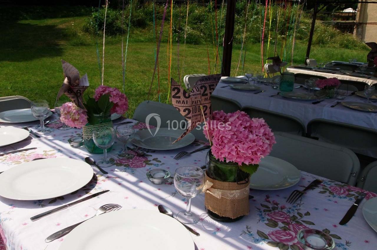 Location salle Ornacieux (Isère) - Domaine du Moulin Piongo #18 Table dressée en extérieur avec nappes fleuries, assiettes blanches, bouquets d'hortensias roses et décorations en papier.