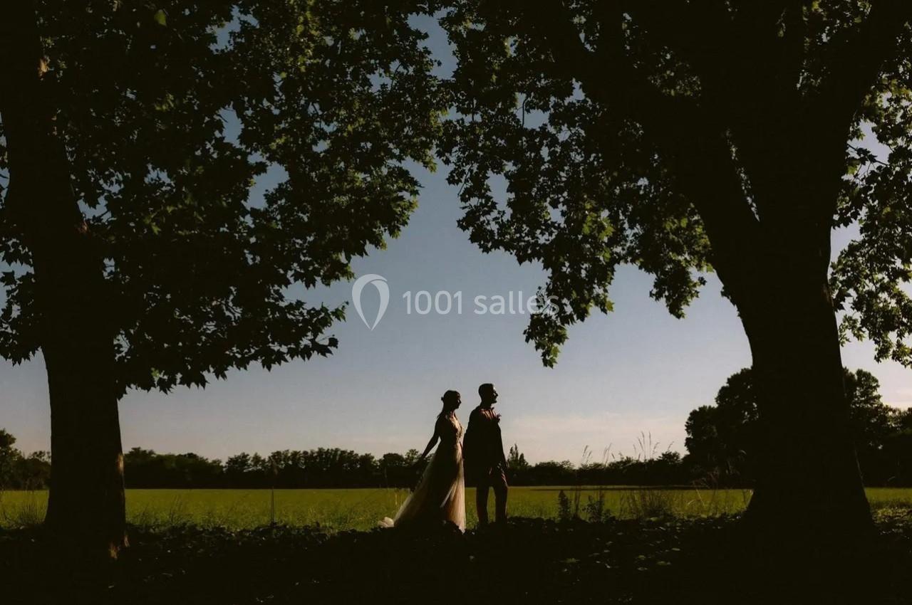 Un couple se tient debout sous de grands arbres, avec un champ verdoyant et un ciel clair en arrière-plan.