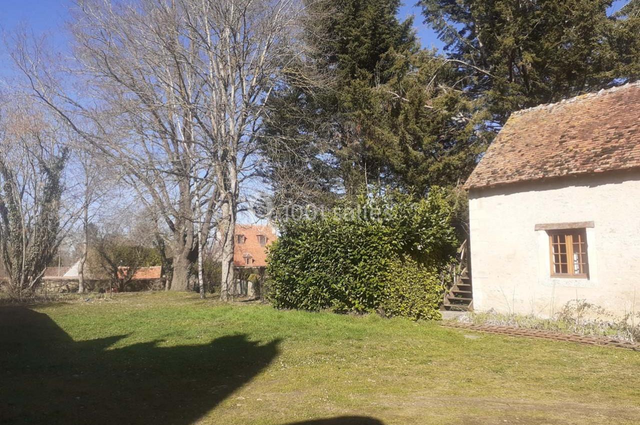 Jardin avec pelouse, arbres dénudés et conifères, à côté d'une maison en pierre avec toit en tuiles.