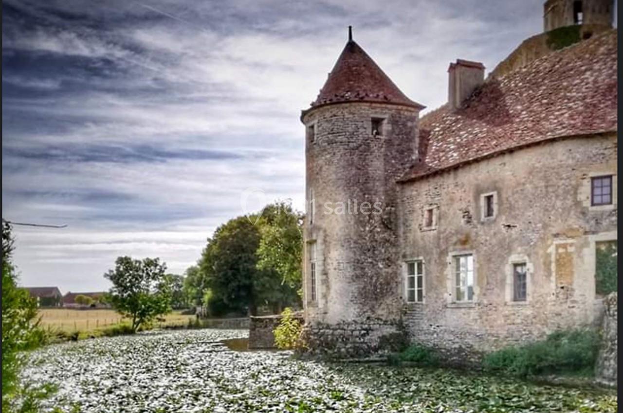Château ancien en pierre avec tour ronde, entouré d'un fossé couvert de nénuphars, sous un ciel légèrement nuageux.