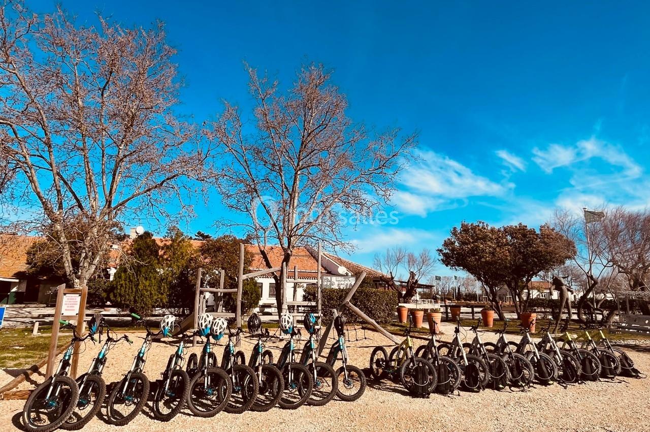Alignement de trottinettes tout-terrain stationnées sur un terrain en gravier, entouré d'arbres et de bâtiments sous un ciel…