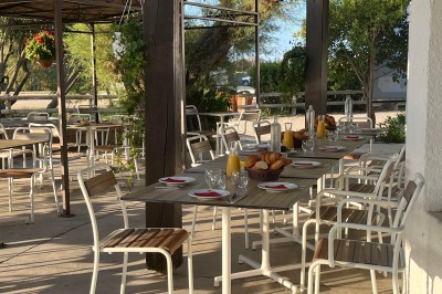 Studio lumineux avec coin salon, table à manger, cuisine équipée et grandes fenêtres donnant sur l'extérieur.