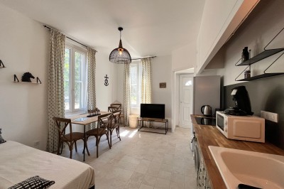 Studio lumineux avec coin salon, table à manger, cuisine équipée et grandes fenêtres donnant sur l'extérieur.