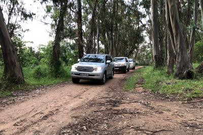 Un bateau pneumatique noir et jaune navigue sur une mer calme, avec une ville et des collines en arrière-plan.