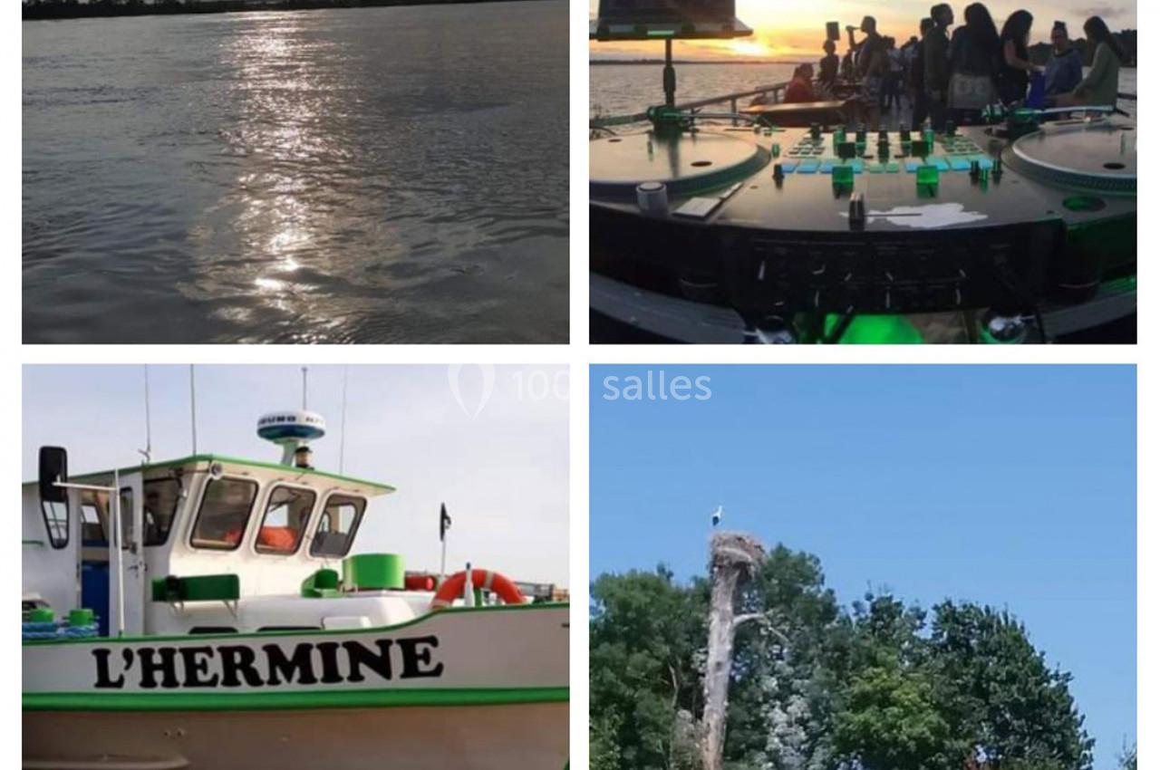 1. Rivière calme reflétant la lumière du soleil au crépuscule. 2. Groupe de personnes autour d'un bar sur un bateau au…