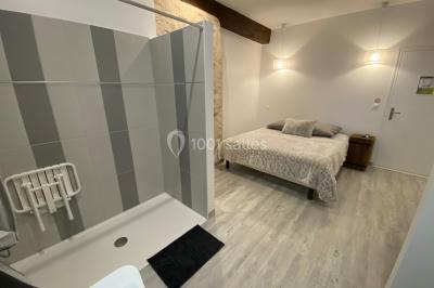 Chambre avec lit double, douche accessible, sol en parquet clair et éclairage moderne.
