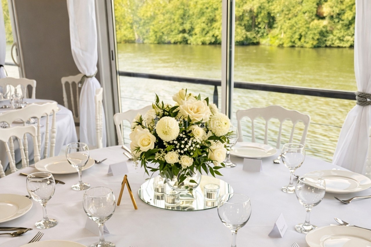 Centre de table floral blanc sur une table dressée avec vaisselle et verrerie, vue sur une rivière à travers des baies…