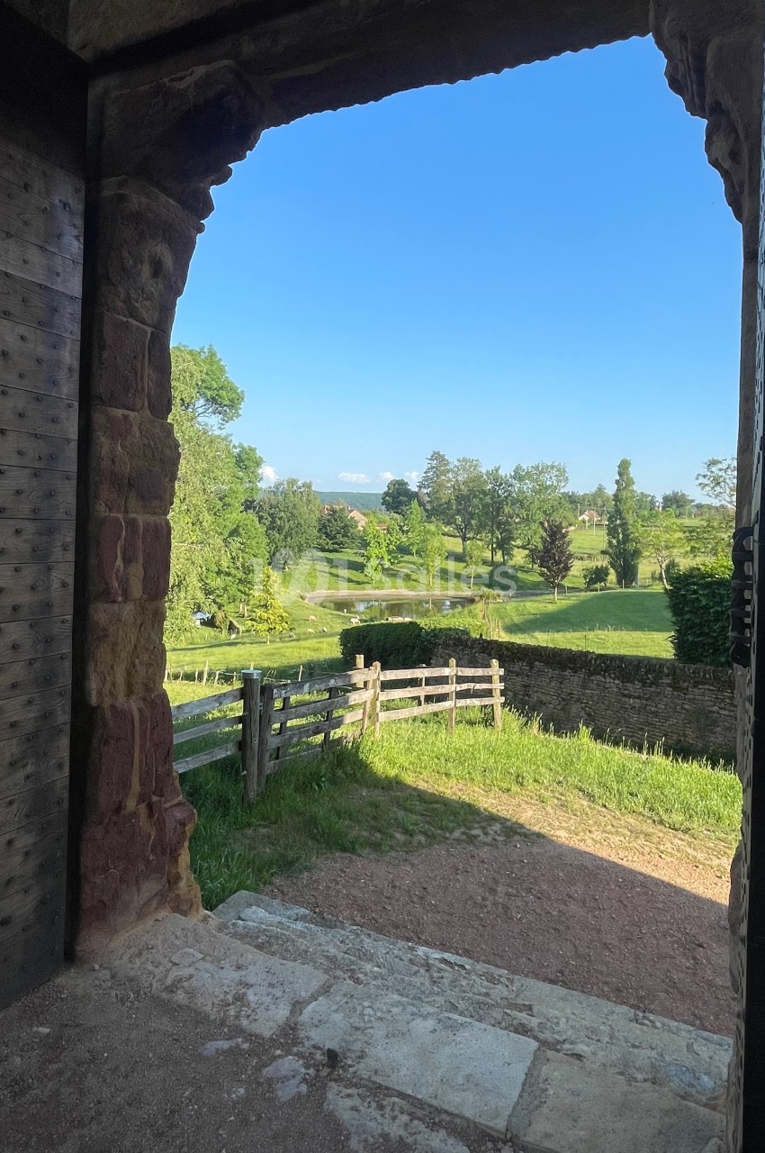 Vue sur un paysage verdoyant à travers une porte en pierre ouverte, avec une clôture en bois et un ciel dégagé.
