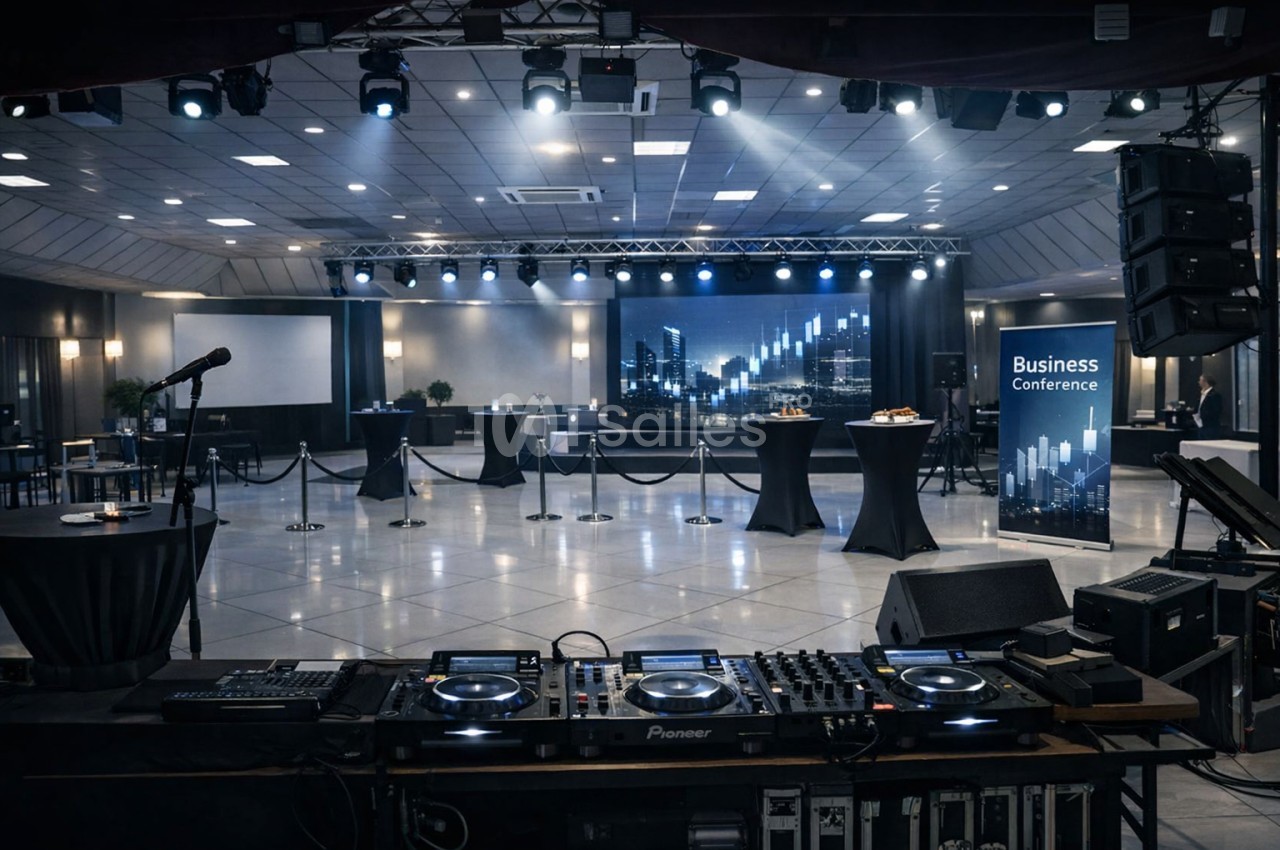 Salle de conférence aménagée avec une scène, des tables hautes et un espace DJ en premier plan.