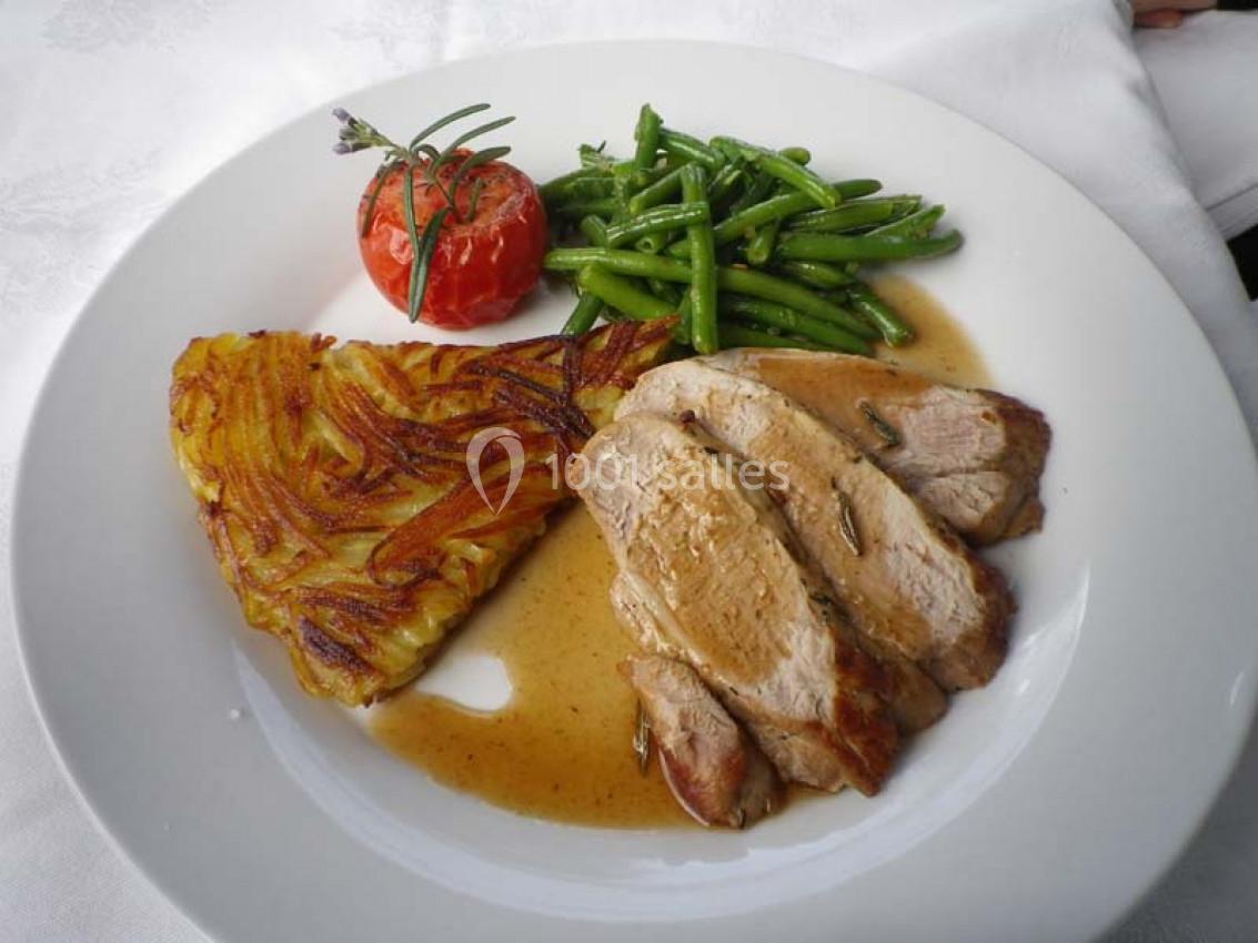 Assiette composée de tranches de viande avec sauce, haricots verts, tomate rôtie et galette de pommes de terre.