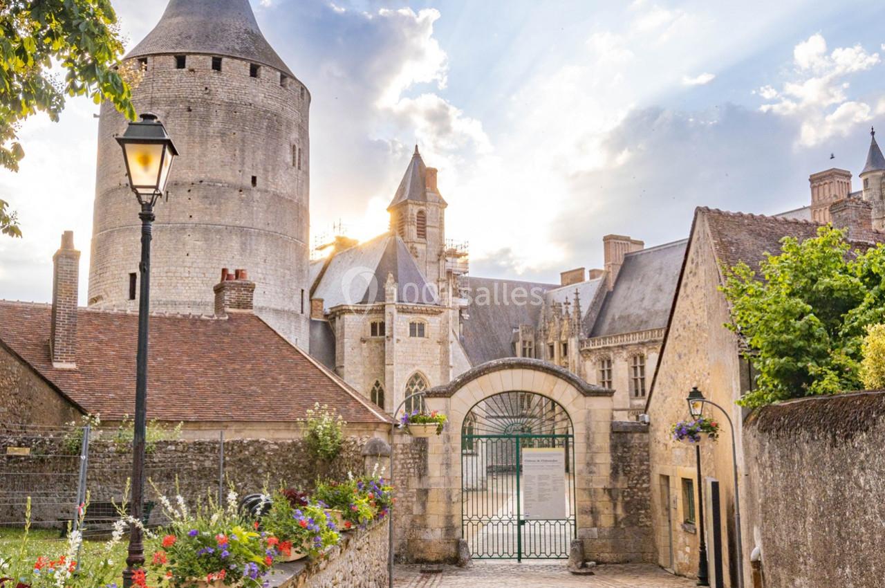 Vue d'un château médiéval avec tours, murs en pierre, portail en fer forgé et fleurs en premier plan au coucher du soleil.