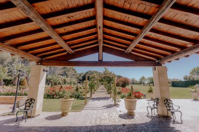 Miniature Location salle Marsillargues (Hérault) - Le Mas Saint Gabriel #6 Une mariée souriante brandit un éventail devant un gâteau de mariage décoré, entourée d'invités en extérieur.