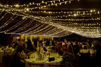 Miniature Location salle Marsillargues (Hérault) - Le Mas Saint Gabriel #11 Une mariée souriante brandit un éventail devant un gâteau de mariage décoré, entourée d'invités en extérieur.