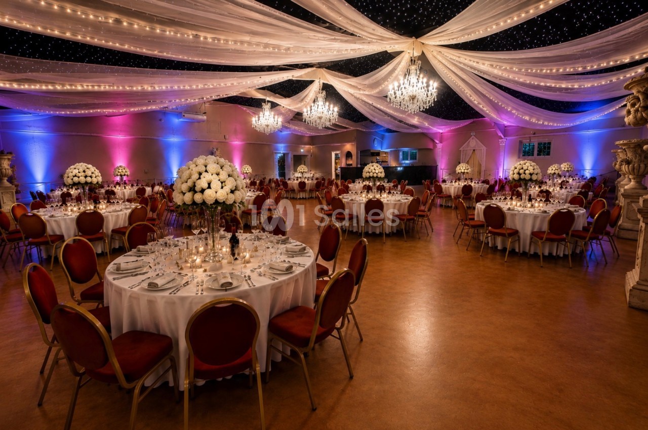 Salle de réception décorée avec des tables rondes, des chaises rouges, des lustres et des éclairages colorés.