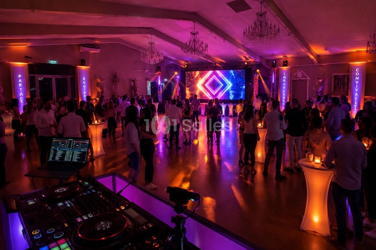 Salle de réception animée avec des invités debout, une piste de danse éclairée et un DJ en arrière-plan.