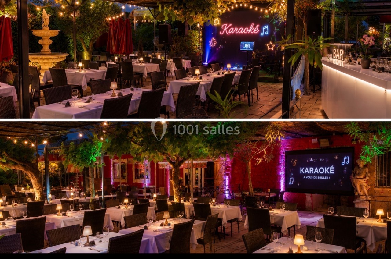 Terrasse de restaurant éclairée en soirée avec tables dressées, bar illuminé et écran affichant ’Karaoké’.