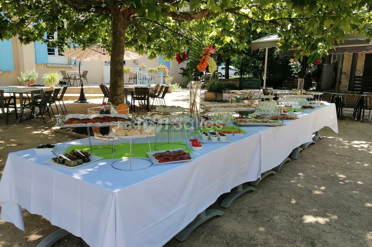 Table dressée en extérieur sous un arbre, avec un buffet varié de plats et boissons pour un événement.
