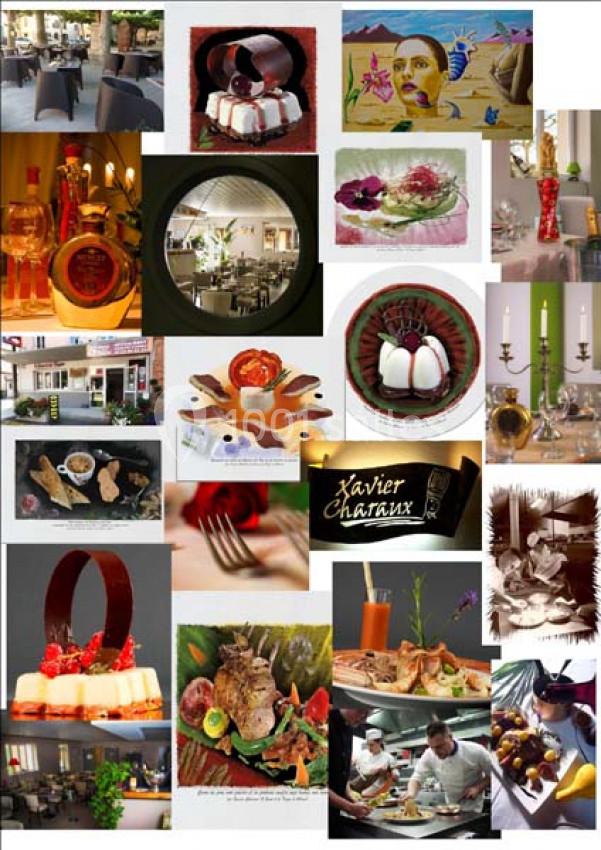 Mosaïque d'images montrant des plats gastronomiques, des restaurants, des chefs en cuisine et des décorations de table.