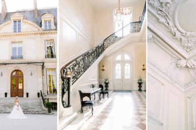 Manoir ancien entouré d'arbres et de buissons sous la neige, éclairé par une lumière hivernale douce.